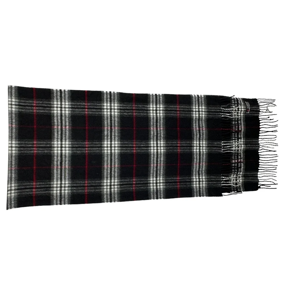 V Fraas Plaid Cashmink Scarf Made in Germany Black Red White Fringe Soft Warm
